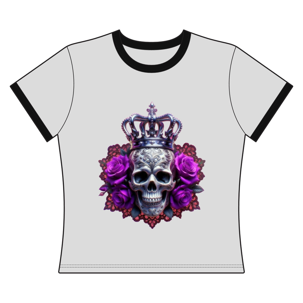 Women’s Ringer Tee — Gothic Crown Skull with Purple Roses / RBA Pink Flame Logo