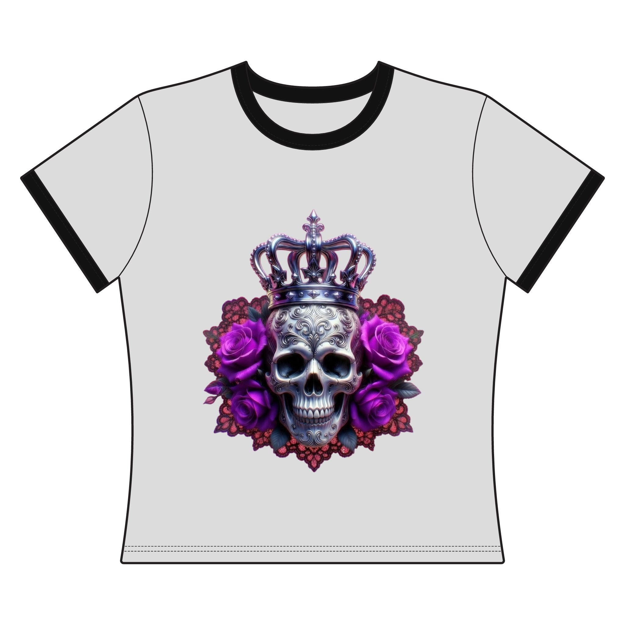 Women’s Ringer Tee — Gothic Crown Skull with Purple Roses / RBA Pink Flame Logo