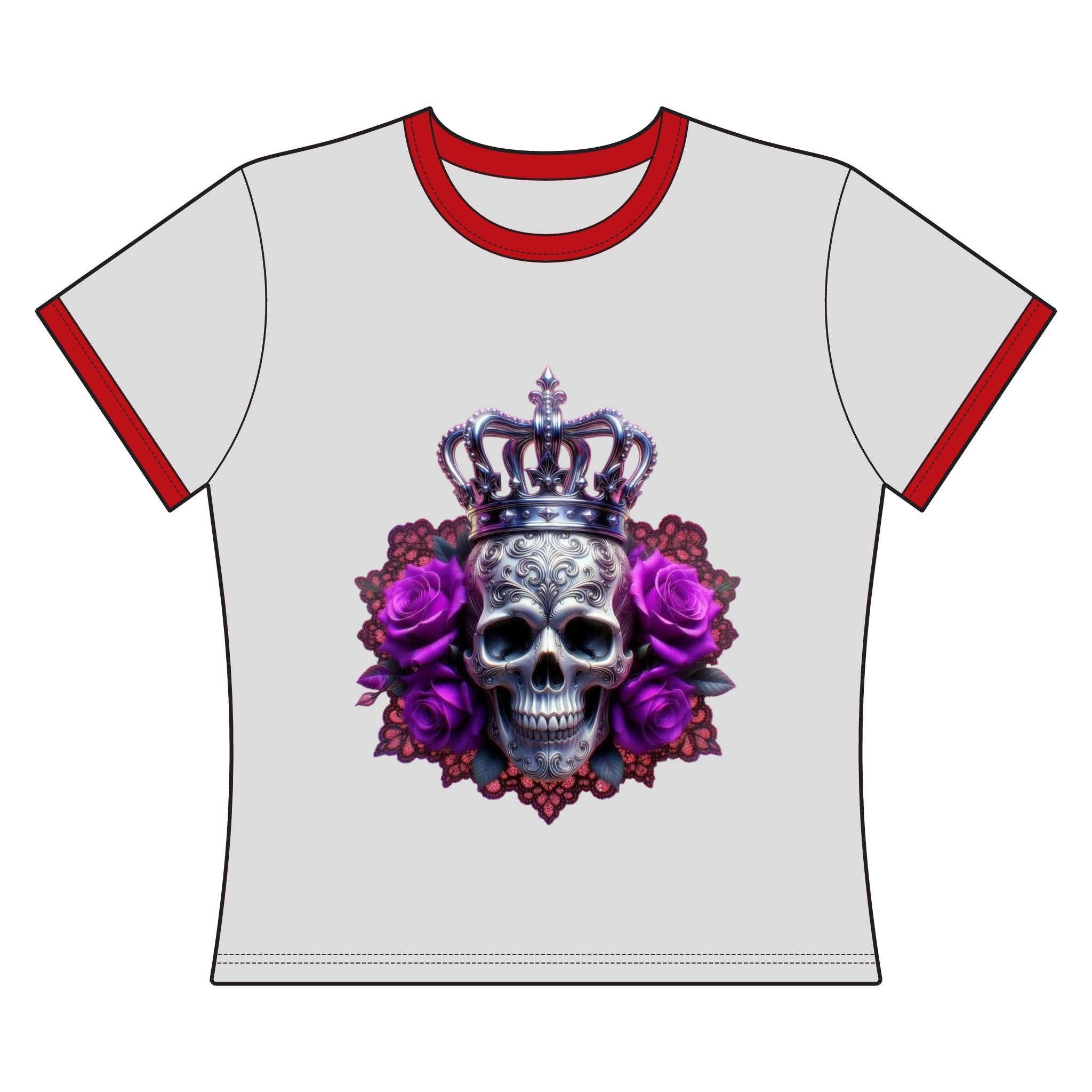 Women’s Ringer Tee — Gothic Crown Skull with Purple Roses / RBA Pink Flame Logo