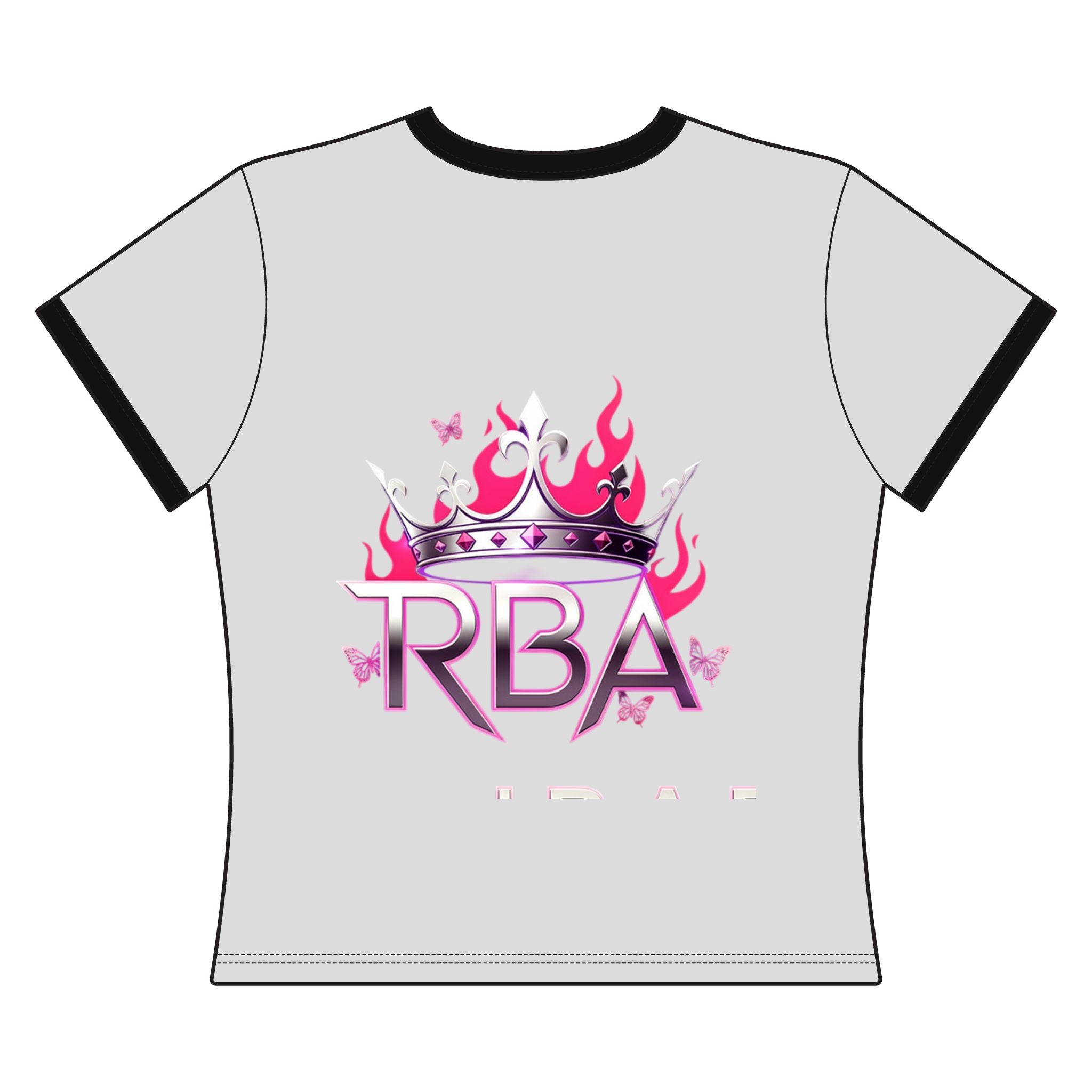 Women’s Ringer Tee — Gothic Crown Skull with Purple Roses / RBA Pink Flame Logo