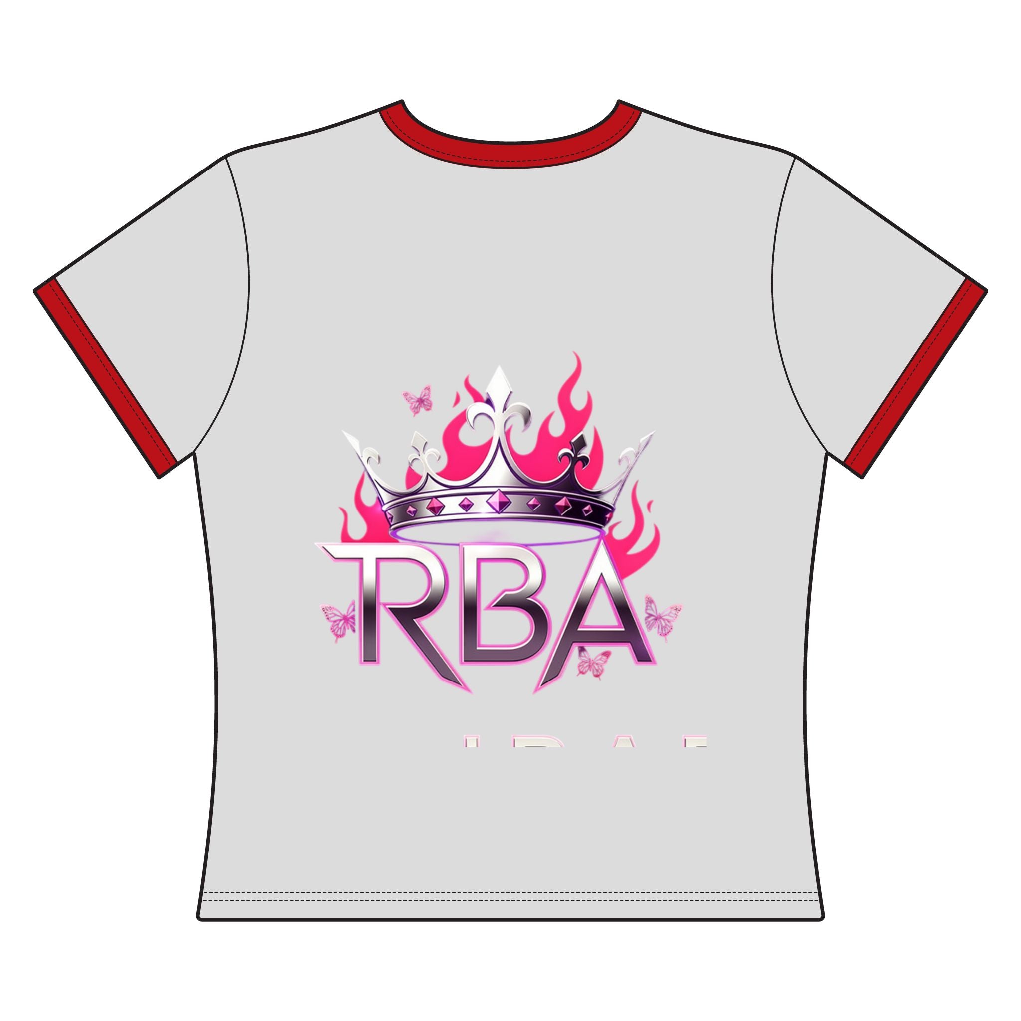 Women’s Ringer Tee — Gothic Crown Skull with Purple Roses / RBA Pink Flame Logo